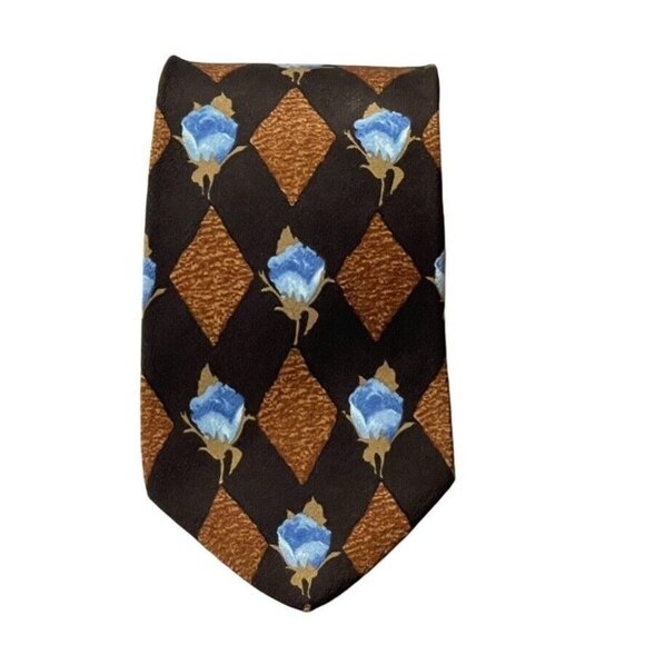 Hugo Boss Silk Necktie With Brown & Blue Argyle Floral Pattern - Picture 5 of 7